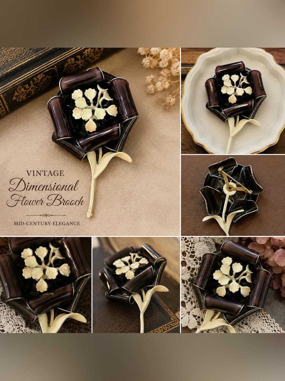 Vintage Enamel Flower Dimensional Brooch Espresso and Cream